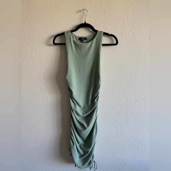 Lulu's Sage Green Ribbed Drawstring Ruched Bodycon Dress - Picture 1 of 7